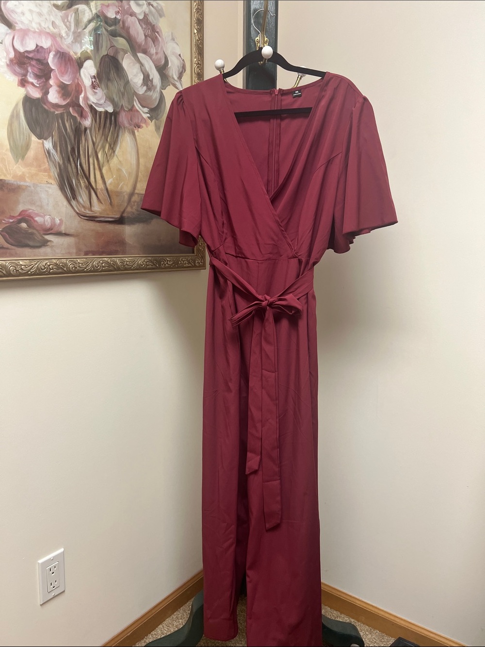 Elegant Burgundy Wrap Junpsuit with Tie Waist